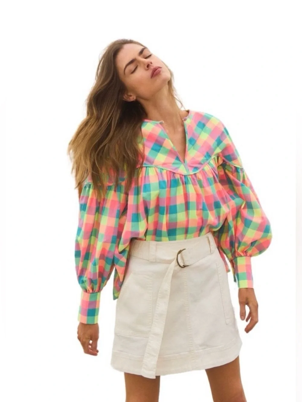 NWT HUNTER BELL Naya Blouse. Key Largo Plaid. Size XL. Retail price $375. - Picture 2 of 9